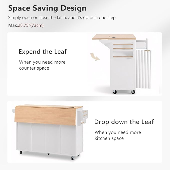 55.5" Fluted Kitchen Island with Power Outlet and Drop Leaf, Narrow Kitchen Island with Storage Srawers and 4 Doors, Rolling Island Table with Wood-grain Top, Curved Edge for Dining Room White
