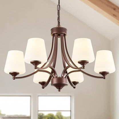 Oil-Rubbed Bronze Farmhouse Chandelier for Dining Room Hanging Lighting Fixtures 6-Light Chandelier with Frosted Glass Shade, Rustic Pendant Light for Kitchen Island Adjustable Height 47.2’’