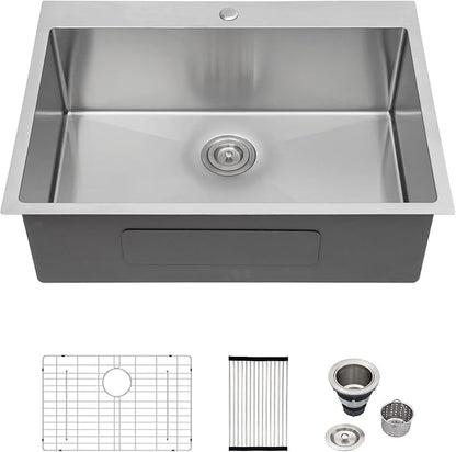 Logmey 30 Inch Drop In Kitchen Sink 30x22 In Handmade Stainless Steel Topmount Sink 16 Gauge Overmount Kitchen Sink Single Bowl Sink 30x22x9 Inches Handmade Sink