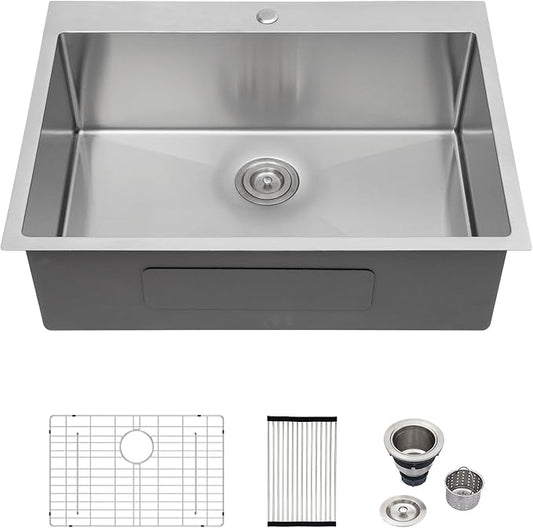 Logmey 30 Inch Drop In Kitchen Sink 30x22 In Handmade Stainless Steel Topmount Sink 16 Gauge Overmount Kitchen Sink Single Bowl Sink 30x22x9 Inches Handmade Sink