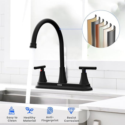HURRAN 2 Handle Kitchen Sink Faucet, 8 Inch High Arc 360°Swivel Kitchen Sink Faucet, 3 Hole Kitchen Faucet Without Side Sprayer, Centerset RV Kitchen Faucet with Stainless Steel Pipe, Black