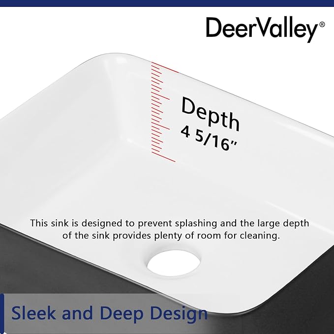 DeerValley DV-1V0001 Bathroom Vessel Sink 19" x 15" Above Counter Sink Rectangle Ceramic Bathroom Sink, Black and White Sinks