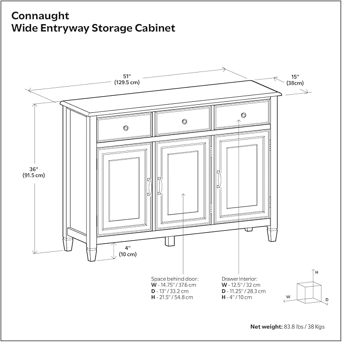 SIMPLIHOME Connaught 51-inch Wide Solid Wood Storage Cabinet in White for the Entryway, Mudroom, 3 Drawers and Adjustable Shelves, Traditional Style, Space-Saving Design
