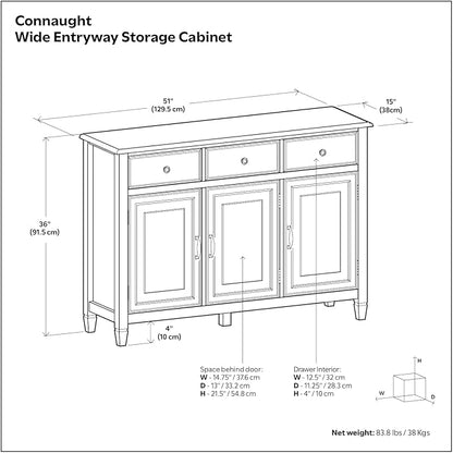 SIMPLIHOME Connaught 51-inch Wide Solid Wood Storage Cabinet in White for the Entryway, Mudroom, 3 Drawers and Adjustable Shelves, Traditional Style, Space-Saving Design
