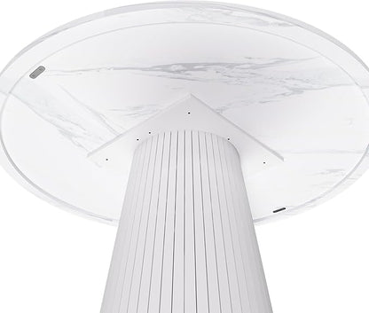47" Round Marble Veneer Dining Table, Kitchen Table with Wood Strip Base, Dinner Tables with Stable Support for Kitchen & Living Room, White