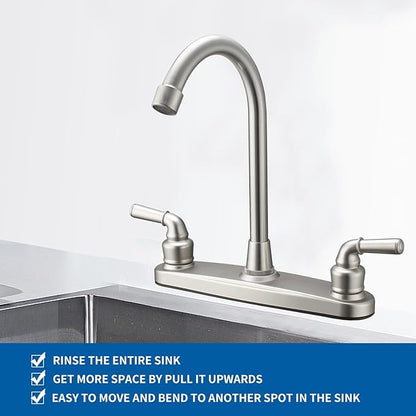 RV Non-Metallic Kitchen Faucet Brushed Nickel Two Handle-8 in Main Body-High Arch-360 Swivel Replace for Motorhomes, Travel Trailers,Campers