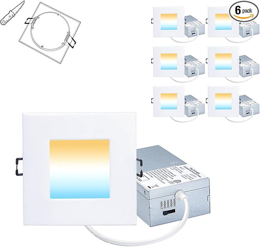 POPANU Recessed Lighting 4-inch Square-LED - Canless Recessed Light Fixture, Dimmable Ceilling Light with Junction Box, 2700|3000|3500|4000|5000K, 9W, White, 6P