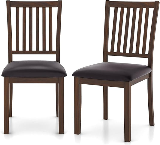 Giantex Wooden Dining Chairs Set of 2, Upholstered Kitchen Chairs w/Slat Back, Wear-Resistant PVC Leather, Rubber Wood Legs, Farmhouse Dining Side Chairs for Dining Room, Living Room, Espresso