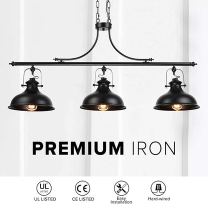 GZBtech Vintage 3-Light Pendant Lighting Fixture, 59.06'' H Adjustable Rustic Hanging Billiard Light Over The Pool Table, Industrial Black Metal Chandelier for Dinning Room Kitchen Island, UL Listed