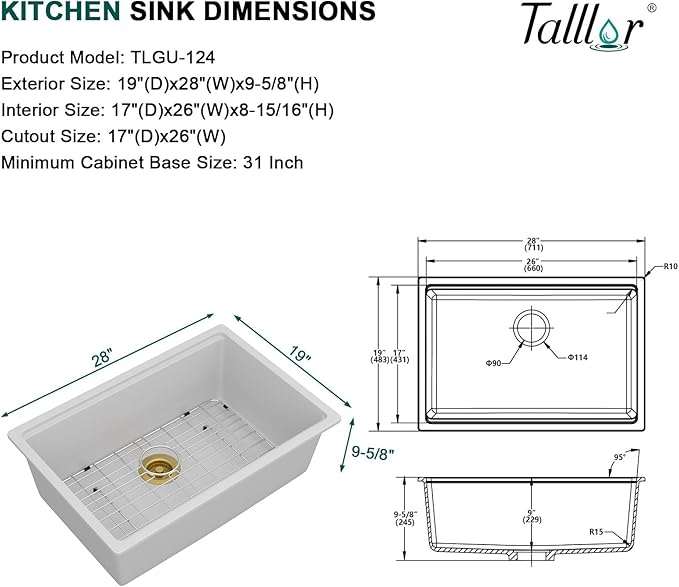 28 White Undermount Kitchen Sink - Granite Composite Single Bowl Workstation All-In One Classic Quartz-Based Kitchen Sink, with Mixing Bowl, Pasta Strainer and Gold Drain Assembly #TLGU-124