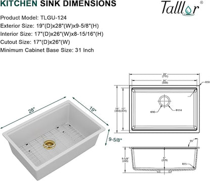 28 White Undermount Kitchen Sink - Granite Composite Single Bowl Workstation All-In One Classic Quartz-Based Kitchen Sink, with Mixing Bowl, Pasta Strainer and Gold Drain Assembly #TLGU-124