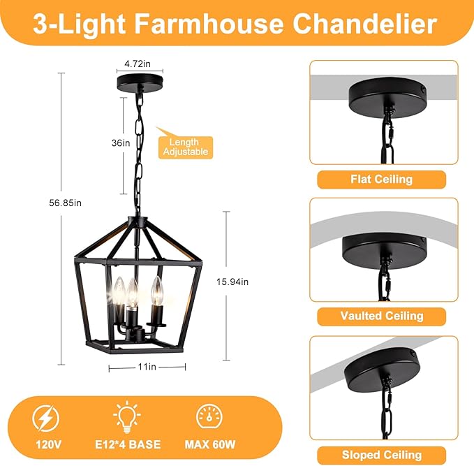 3-Light Black Pendant Lights Kitchen Island, 11 Inch Farmhouse Pendant Light, Adjustable Height Iron Lantern Black Pendant Light Fixtures, Cage Farmhouse Chandelier Island Lights for Kitchen Foyer