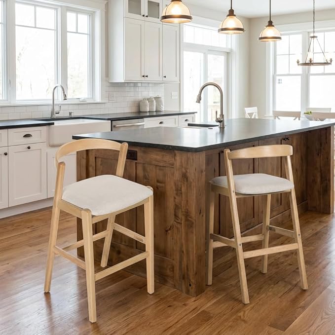 Set of 2 Bar Stools, Solid Rubber Wood Frame with Beige Polyester Cushion, Ergonomic Backrest & Smooth Lines, Modern Kitchen Island Chairs for Dining Room (Natural)