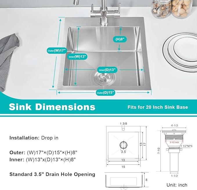 15 x 17 Inch Drop in Kitchen Sink with 1 Faucet Hole, Stainless Steel Topmount Bar Sink Single Bowl Handmade Kitchen Sink, Brushed