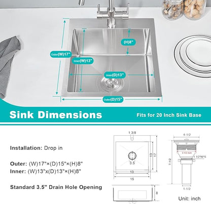 15 x 17 Inch Drop in Kitchen Sink with 1 Faucet Hole, Stainless Steel Topmount Bar Sink Single Bowl Handmade Kitchen Sink, Brushed