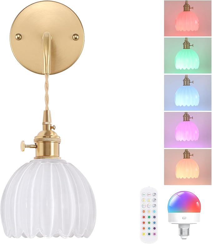 Shenmoyl Battery Operated Wall Sconce with White Tulip Shade Pattern Glass Adjustable Chain Retro Gold Wall Mounted Light, Modern Wall Lamp Fixtures Decor for Bedside Bedroom Indoor Doorway