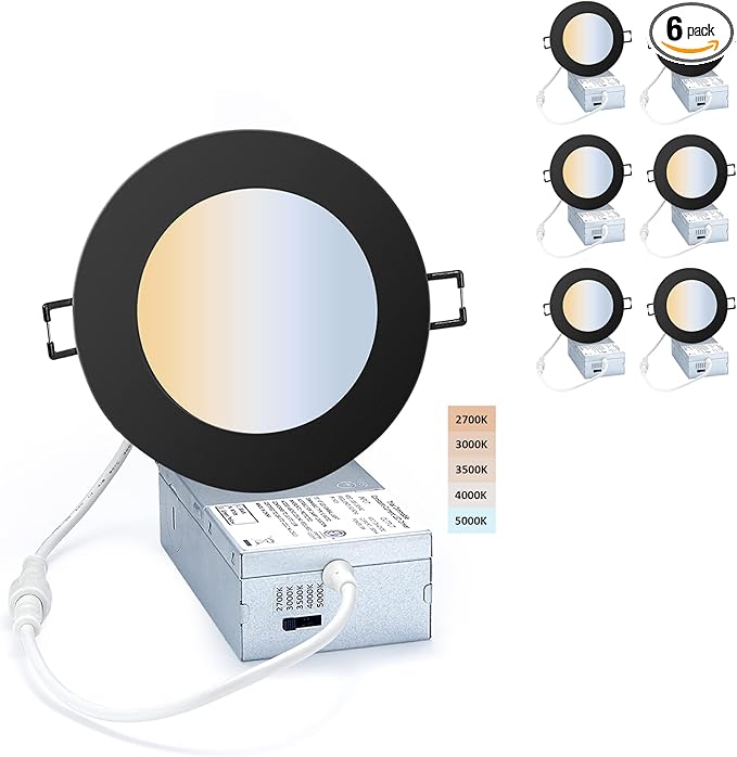POPANU Premium LED-Canless Recessed Lighting 4-inch 5 CCT Adjustable Dimmable Recessed Downlight Fixture, Ceilling Light with Junction Box, 2700-5000K, 9W, Black Finish, 6 Pack