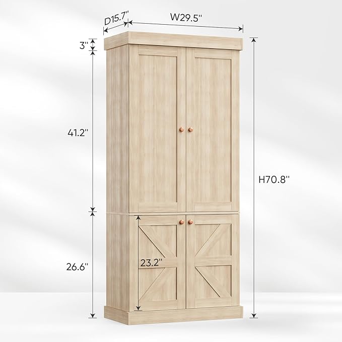 70.8" Tall Farmhouse Kitchen Pantry Cabinet with Glass Doors, Modular Storage Cabinet with 6-Tier Adjustable Shelves, Large Storage Cabinet for Kitchen or Living Room, Set of 2, Brown