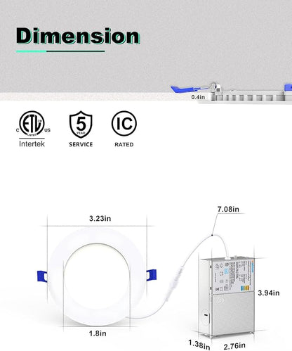 VOLISUN 12 Pack 3 inch Recessed Lighting, 5CCT LED Recessed Light with Junction Box, 2700K-5000K Selectable, Dimmable Canless Wafer Downlight, LED Ceiling Light ETL Certificated
