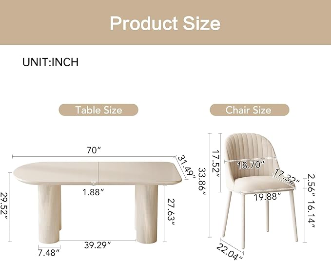Guyii 70" Dining Table Set with 8 Chairs, Modern Kitchen Table Set, Indoor Dining Table for Kitchen, Bar, Living Room, Breakfast Nook, Small Space, Cream White