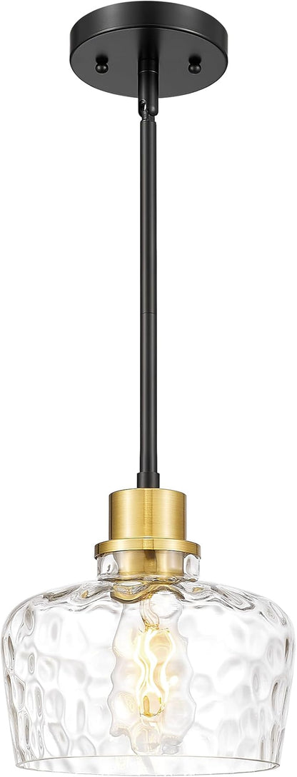 Emak Modern 8 Inch Pendant Lights Kitchen Island, Black and Gold Pendant Light Fixtures with Hammered Glass Shade, Farmhouse Island Lights for Kitchen, Dining Room, Bathroom, PL122-BKBGD-HG