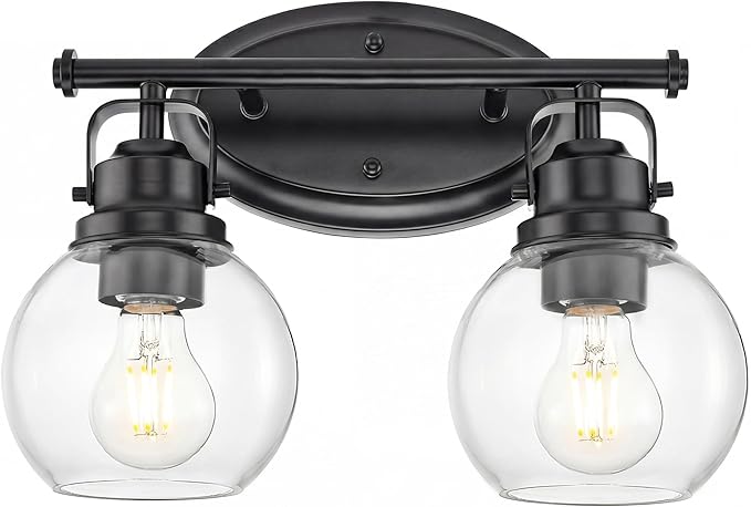Black Bathroom Light Fixtures, 2-Light 14" Vanity Lights with Clear Globe Glass Shades, Farmhouse Vintage Vanity Lighting Fixtures Over Mirror, E26 Base, AD-2147-2W-BK