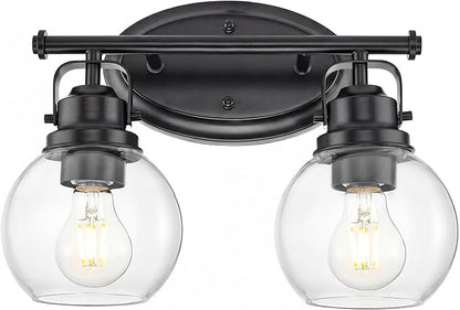 Black Bathroom Light Fixtures, 2-Light 14" Vanity Lights with Clear Globe Glass Shades, Farmhouse Vintage Vanity Lighting Fixtures Over Mirror, E26 Base, AD-2147-2W-BK