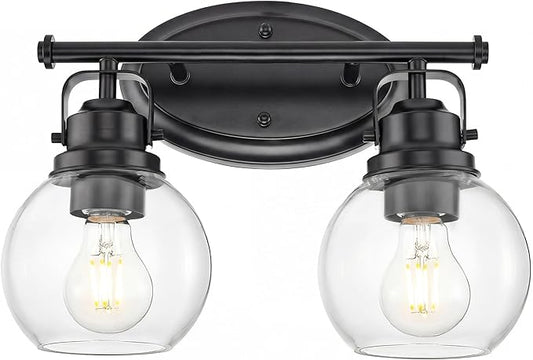 Black Bathroom Light Fixtures, 2-Light 14" Vanity Lights with Clear Globe Glass Shades, Farmhouse Vintage Vanity Lighting Fixtures Over Mirror, E26 Base, AD-2147-2W-BK