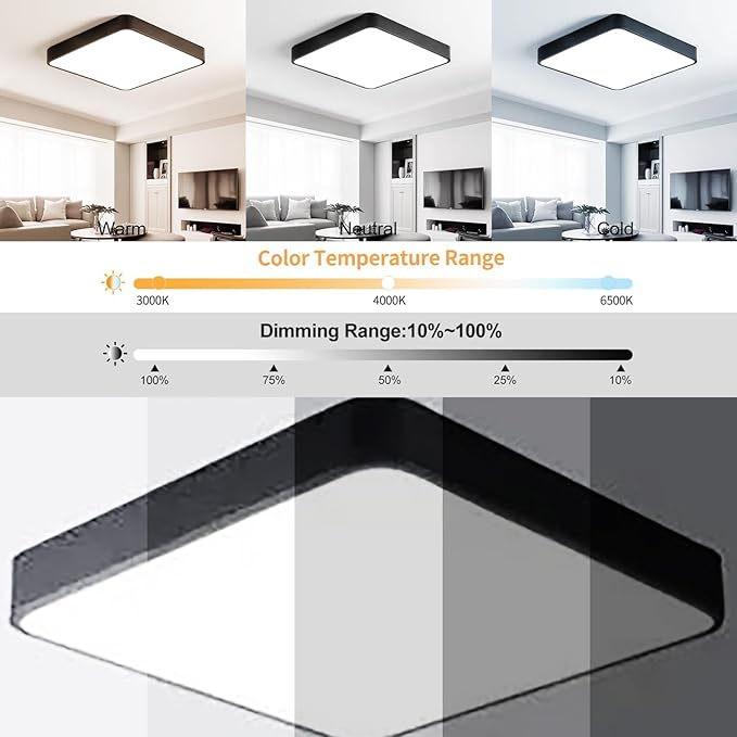 LED Square Recessed Ceiling Light, 20 Inch, Dimmable 3000K-6000K, 48W Black Flush Mount for Living Room, Bedroom