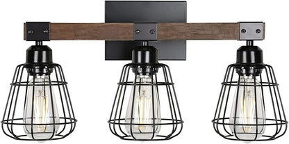 Farmhouse Vanity Light for Bathroom,3-Light Rustic Wooden Industrial Wall Lighting Fixture Over Mirror,Modern Matte Black Metal Cage Wall Sconce for Hallway,Kitchen,Bedroom