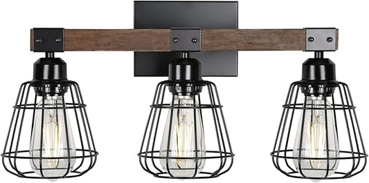 Farmhouse Vanity Light for Bathroom,3-Light Rustic Wooden Industrial Wall Lighting Fixture Over Mirror,Modern Matte Black Metal Cage Wall Sconce for Hallway,Kitchen,Bedroom