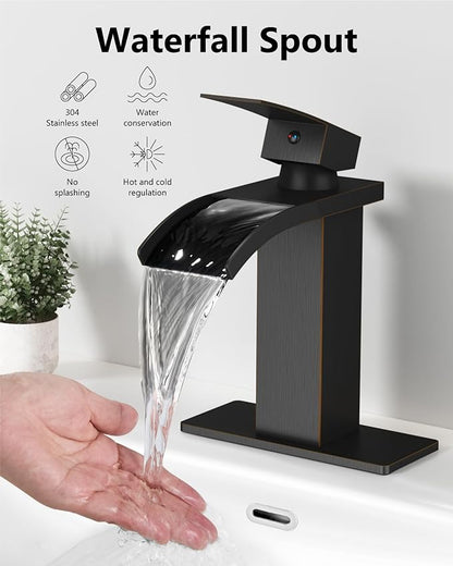 Waterfall Bathroom Faucet 1 Hole, Single Hole Bathroom Faucet, Single Handle Vanity Sink Faucet with Deck Plate, Pop-up Drain & Supply Lines, Oil Rubbed Bronze