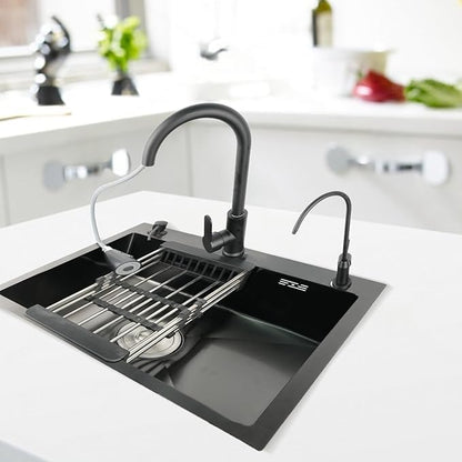 19.7x17.7in Black Kitchen Basin, Drop-In Sink with Pull-Down Faucet and Multiple Accessories, Stainless Steel Topmount Single-Bowl Workstation with Sliding Accessories for Modern Kitchens, Farm