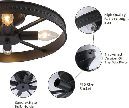 Round Ceiling Light Fixture 4-Lights Semi-Flush Mount Ceiling Light Fixture Black Rustic Metal Farmhouse Chandelier for Kitchen Island Dining Room Hallway Entryway Bedroom Living Room