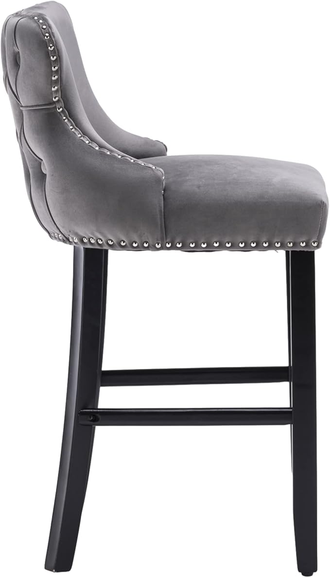 Rhomtree Elegant Button Tufted Upholstered Fabric Bar Stools with Nailhead Trim, Dining Side Chair, Leisure Padded Chairs with Solid Wooden Legs Home Kitchen Island Wooden Bar Chairs (Grey, Set of 6)