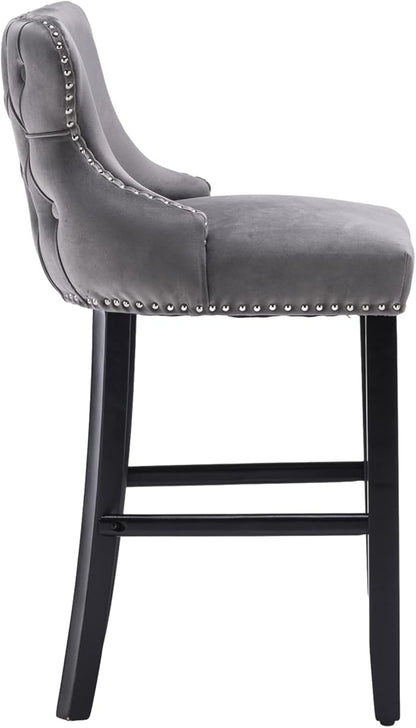 Rhomtree Elegant Button Tufted Upholstered Fabric Bar Stools with Nailhead Trim, Dining Side Chair, Leisure Padded Chairs with Solid Wooden Legs Home Kitchen Island Wooden Bar Chairs (Grey, Set of 6)