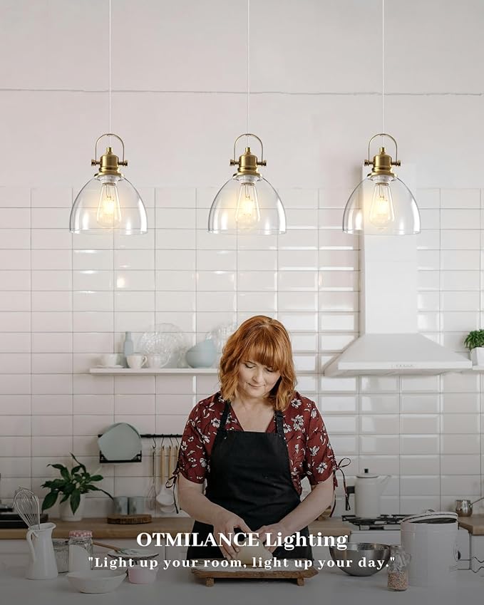 Gold Pendant Lights Kitchen Island 2 Pack, 7.5 inch Farmhouse Glass Pendant Lights, Vintage Gold Glass Pendant Light, Island Pendant Lights for Dining Rooms, Living Room, Bar
