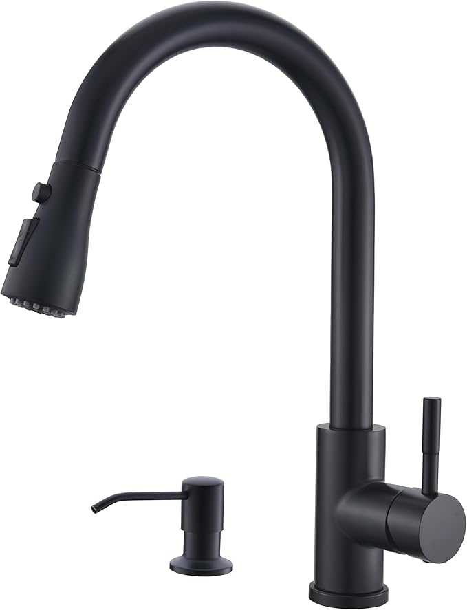 GIMILI Kitchen Faucet with Soap Dispenser Single Hole Kitchen Sink Faucet with Pull Down Sprayer Suitable for Farmhouses RV Laundry Room Outdoor and Campers Matte Black