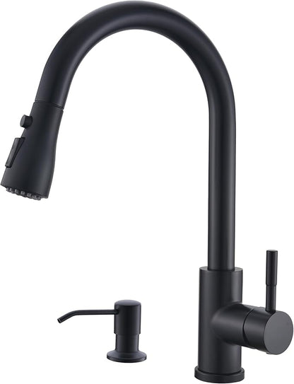 GIMILI Kitchen Faucet with Soap Dispenser Single Hole Kitchen Sink Faucet with Pull Down Sprayer Suitable for Farmhouses RV Laundry Room Outdoor and Campers Matte Black