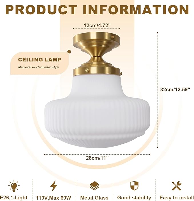 Milk White Glass Flush Mount Ceiling Light Fixture, Mid Century Modern Farmhouse Close to Ceiling Lamp for Bedroom Kitchen Hallway Laundry, Gold Ceiling Lighting