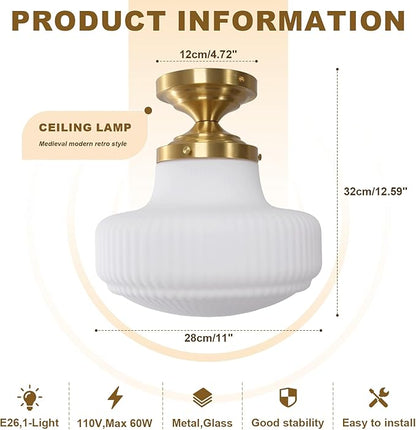 Milk White Glass Flush Mount Ceiling Light Fixture, Mid Century Modern Farmhouse Close to Ceiling Lamp for Bedroom Kitchen Hallway Laundry, Gold Ceiling Lighting