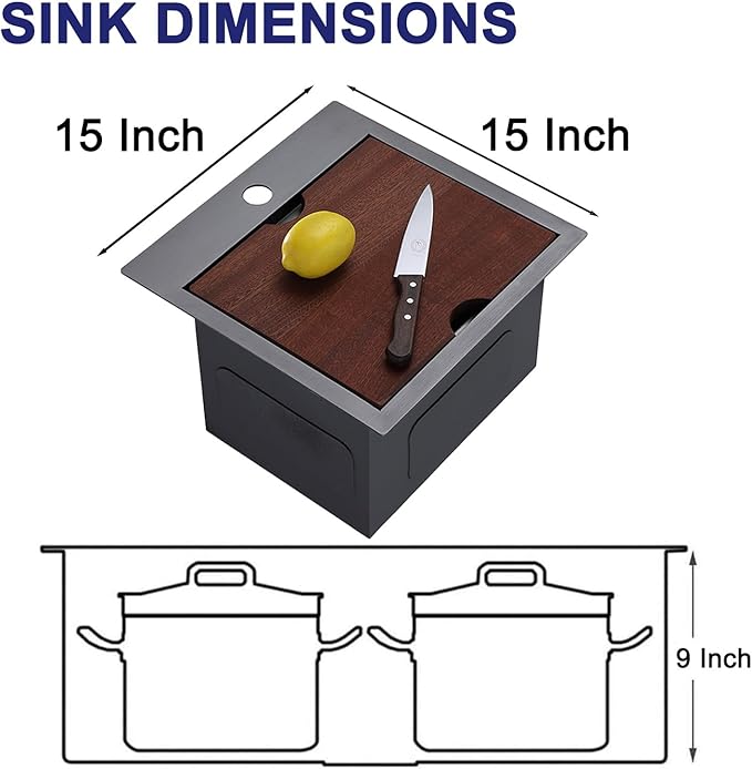 VAPSINT 15x15 Inch Black Drop In Bar Sink Workstation, Top Mount Single Bowl Small Kitchen Sink,Stainless Steel Handmade Gunmetal BlackBar Sink for Outdoor Prep RV Laundry with Grid & Cutting Board