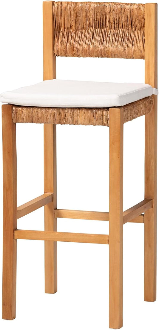 Bali & pari Pava Woven Seagrass Bar Stool - Solid Mahogany Wood Stool with Textured Back, Coastal Boho Seating for Kitchen or Lounge, Bar Height