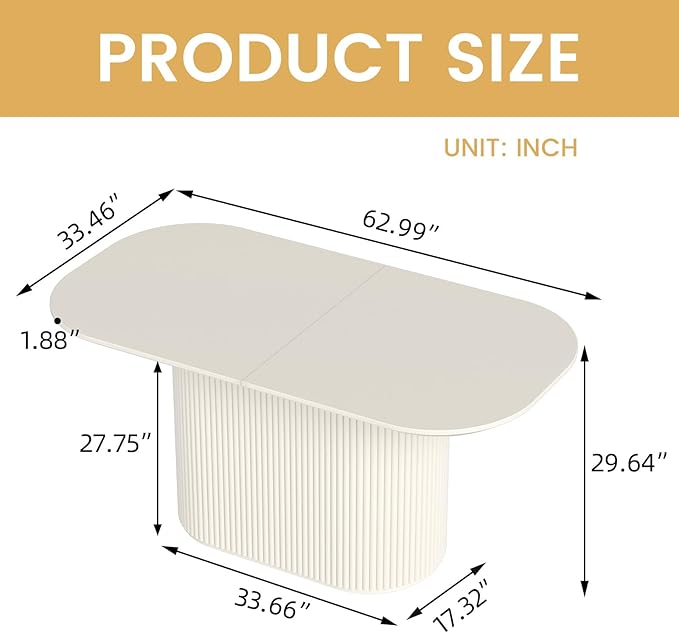 62.99 Inch Rectangular Dining Table for 4-6 People, Modern Mid Century Kitchen Dining Room Table with Pedestal Base,Cream White Family Safe Dining Furniture for Apartment Home