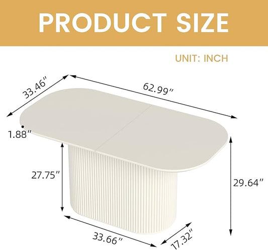 62.99 Inch Rectangular Dining Table for 4-6 People, Modern Mid Century Kitchen Dining Room Table with Pedestal Base,Cream White Family Safe Dining Furniture for Apartment Home