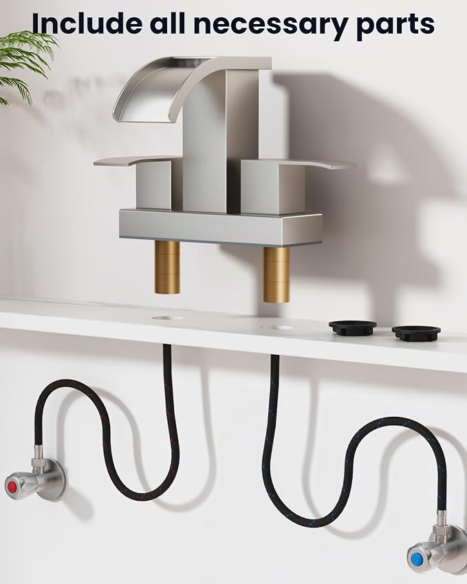 gotonovo Waterfall 4 Inch Centerset Bathroom Sink Faucet 2 Handle Basin Faucets 2 or 3 Hole Deck Mount with Pop Up Drain Included Lavatory Modern Mixer Tap Vanity Faucet Brushed Nickel