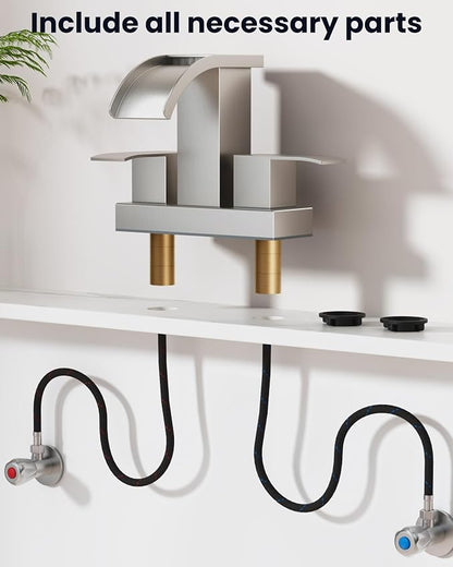 gotonovo Waterfall 4 Inch Centerset Bathroom Sink Faucet 2 Handle Basin Faucets 2 or 3 Hole Deck Mount with Pop Up Drain Included Lavatory Modern Mixer Tap Vanity Faucet Brushed Nickel