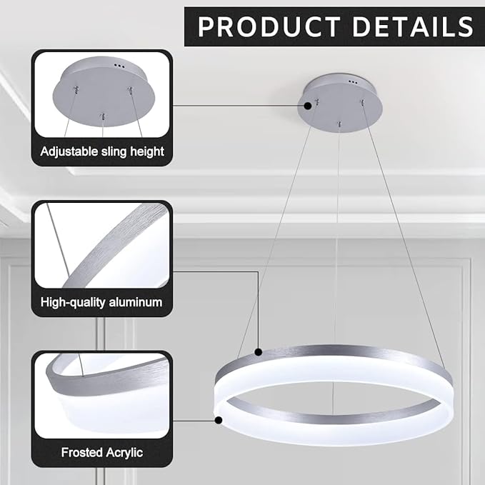 Buccleuch Modern LED Chandelier - Dimmable 19.7" Silver Round Pendant Light, Height Adjustable UL-Certified Ceiling Light for Dining Room, Kitchen Island, Living Room, Bedroom, Foyer, 6500K