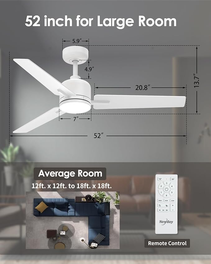 52 Inch White Ceiling Fan with Lights and Remote, Modern DC Motor Ceiling Fan with 3 Reversible White/Natural Wood Blades, 3CCT Dimmable LED, 6 Speeds, Quiet Fan for Nursery, Bedroom, Patio