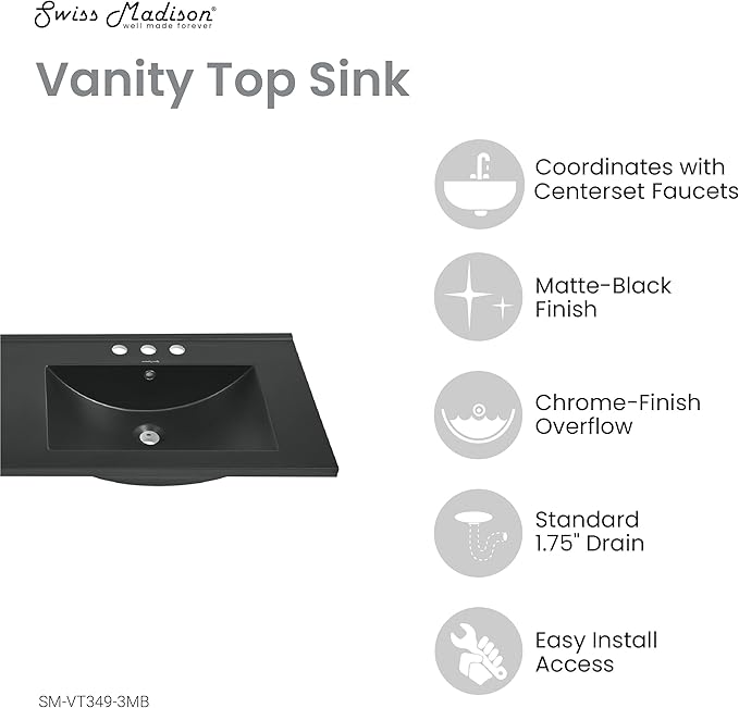 48" Ceramic Vanity Top Double Basins in Matte Black with 3 Holes